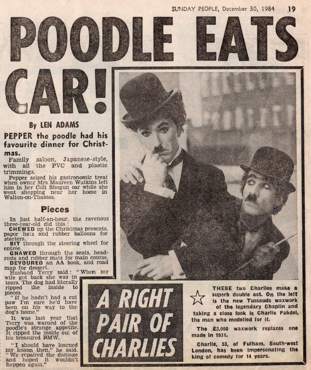 The Sunday People, 30 December 1984: 'A Right Pair of Charlies' — Charlie Pakdel inspecting his own waxwork at Madame Tussauds